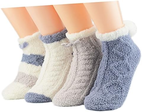 Ziye Shop 4 Pairs Thick Warm Socks Girls Indoors Anti-Slip Winter Fluffy Fuzzy Socks (Blue)