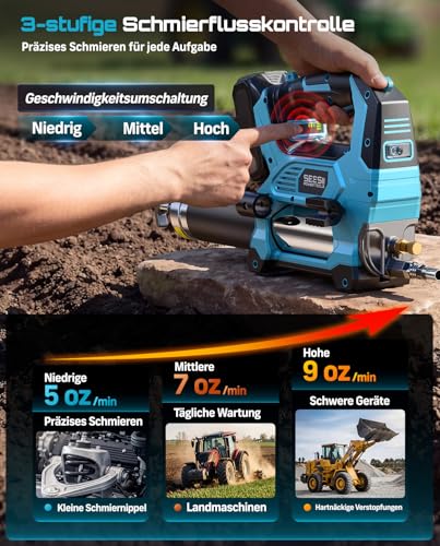 Seesii 12000PSI Battery Grease Gun Set Compatible with Makita 18 V Battery (without Battery), 3 Speeds, Brushless Motor, 3 Mouthpieces, 1 m Long Hose, 90 Degree Adapter and LED Light