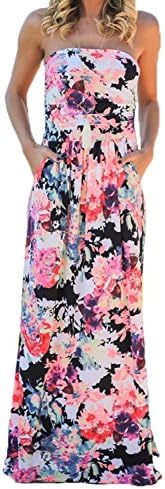 FOUNDO Women's Floral Print Strapless Tube Bohemian Party Beach Long Maxi Dress