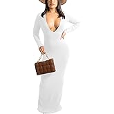 Women's Casual Long Sleeves Bodycon Maxi Dress Plus Size Sexy Deep V Neck Club Night Party Sweater Ribbed Long Dresses