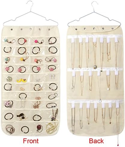 XeaGiasy Hanging Jewelry Organizer Non-woven Closet Wall Bag Jewelry Holder Storage With Pockets 40 Pockets 20 Hooks (White)