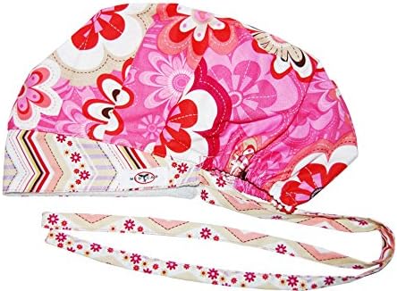 MedCap Scrub Hat Bouffant Scrub Cap with Ties Ponytail Retro and Blooms