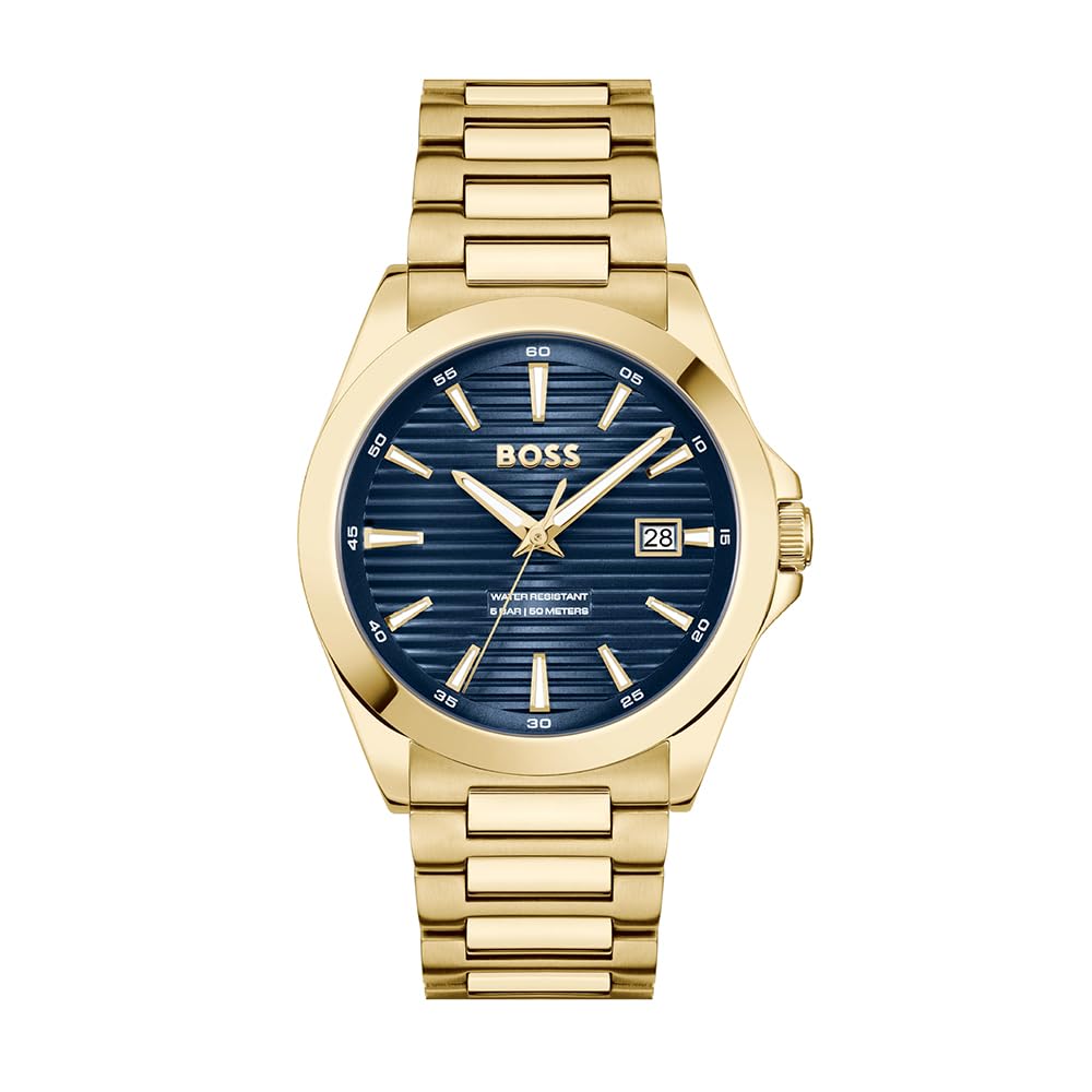 BOSS Three Hand Quartz Movement Watch for Men Strike Collection with Gold Colored Stainless Steel Bracelet - 1514172