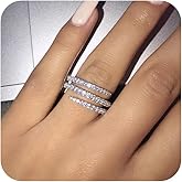 RKKOJJO 925 Sterling Silver Shiny Full Diamond Ring Three Rows Cubic Zirconia Cocktail Rings CZ Diamond Multi Row Ring Eternity Engagement Wedding Band Ring for Women Size 9