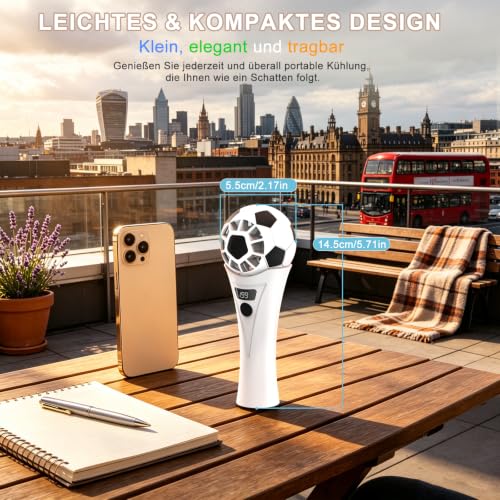 SZO Mini Ventilateur Portable USB Rechargeable 5 Vitesses Ballon de Foot | Mini ventilateur au look de ballon de foot avec écran LED 5 vitesses + réglage fin 1-199 seulement 130g idéal en déplacement.