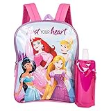 Disney's Princess Backpack Combo Set - Girls' 3 Piece Backpack Set - Cinderella, Bella, Elsa & Jasmine Backpack, Waterbottle and Carabina (Pink/Purple)