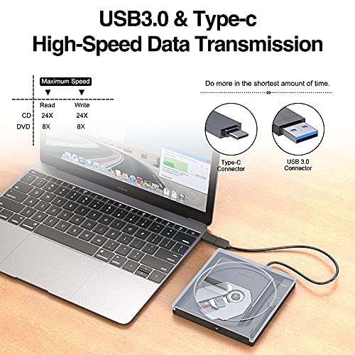 VersionTECH. External CD DVD Drive, USB 3.0 Type C UltraSlim