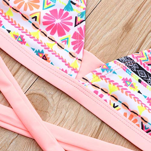 NUWFOR Children Girls Bikini Beach Flower Print Swimsuit+Shorts Swimwear Set Outfit(Pink,7-8 Years)