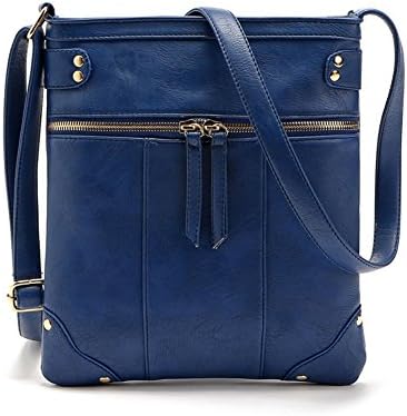 Adjustable Leather Crossbody Shoulder Bag Double Zipper Messenger Bag Handbag for Women Lady Girls Perfect Size 10"9" (Navy blue)