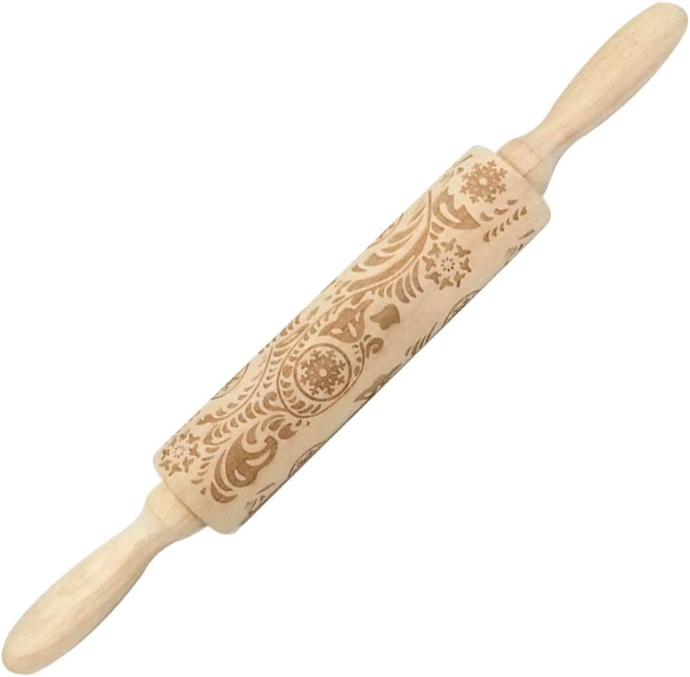 Christmas Rolling Pin 3D Engraved Carved Wood Embossed Rolling Pin Kitchen Tool for Baking Embossed Cookies Christmas Theme Party