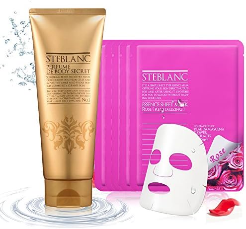 Spa Day Set: [STEBLANC] Perfume De Body Secret 01 (4 in 1 body care) Scrub Shower wash Body essence Perfume + [STEBLANC] Essence Sheet Mask Rose5) Calming Moisturizing Relaxing Aroma therapy