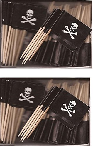 2 Boxes of Mini Jolly Roger Toothpick Flags, 200 Small Pirate Skull and Crossbones Flag Cupcake Toothpicks or Cocktail Sticks & Picks