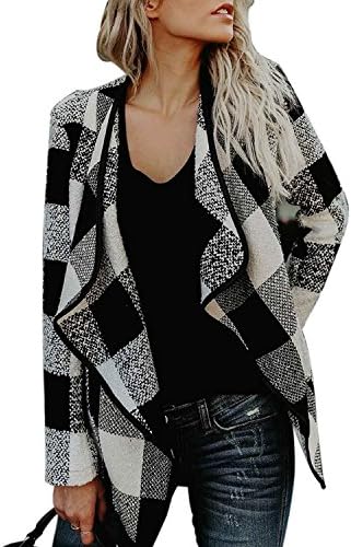 OUR WINGS Womens Casual Autumn Black White Buffalo Plaid Open Front Jacket Lapel Coat L