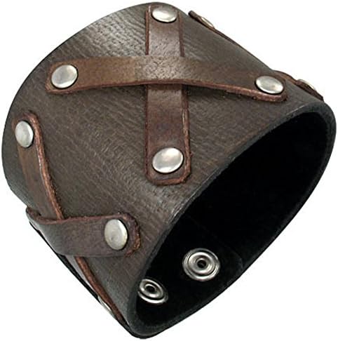 Cross Fork Unisex Style Cool Wide Big Buckle Rivet Genuine Leather Cuff Wristband Punk Bangle Adjustable