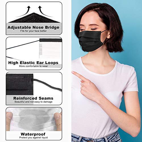 Black Disposable Face Mask, Individually Wraped Face Mask 3ply for Adult Men Women Youth Disposable Face Mask Black 3 ply 50pcs