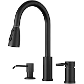 WOWOW 3 Hole Kitchen Faucet with Soap Dispenser and Separate Handle | Matte Black Kitchen Sink Faucet with Sprayer, 304 Stainless Steel Kitchen Faucet 3 Pieces for Sink, Laundry, RV, Bar