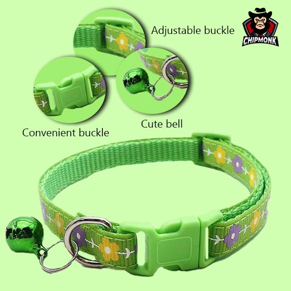 Chipmonk Cat & Puppy Collar with Bell,Kitten & Small Dogs Soft Adjustable,Safe,Solid & Protective Breakaway for Cats & Puppies,Cute Kitty Neckband with Flower Print-(Green) 2