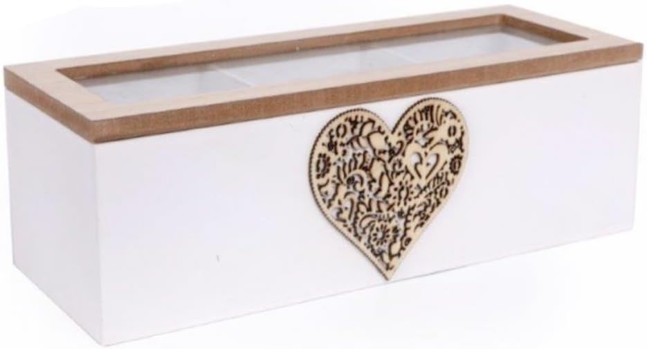White / Natural Wooden TEA Storage Box / TEA CADDY / Tea Bag Chest Display Box - 3 compartment with hinged see-through lid - Rustic / Vintage / Shabby Chic Style