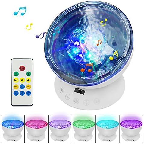 【Newest Design】Testudo Remote Control Ocean Wave Projector 12 LED &amp;7 Colors Night Light with Built-in Mini Music Player，Star Projector for Baby Kids Adults Living Room and Bedroom (White)