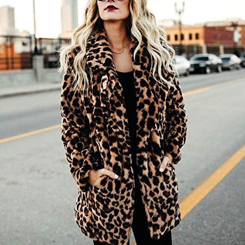 YOMXL Vintage Women Leopard Jackets Soft Plush Lapel Faux Fur Cardigan Winter Warm Side Pocket Jumper Coat