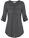 Women Blouses, Tunic Blouse Vivilli Women's Henley V Neck Cuffed Sleeve Soft Business Casual Wear T Shirt Tops Charcoal XX-Large