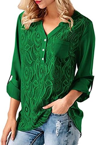 ZerYoYus Womens Fashion Stylish Fall Summer Loose Solid Cuffed 3 4 Long Sleeve Lace High Low Casual Chiffon Tunic Shirts Under 20 Casual Plus Size Blouses Tops Green Small