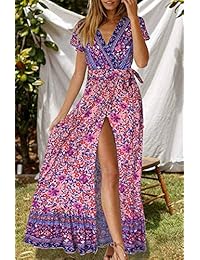 Vestido de mujer con estampado floral bohemio, cuello en V, manga corta, para playa, fiesta, azul pequeño