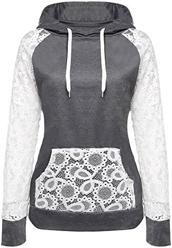 FUDITAI Women's Stylish Sheer Lace Floral Long-sleeve Hoodies Loose Pullover Sweatshirt(Dark grey)L