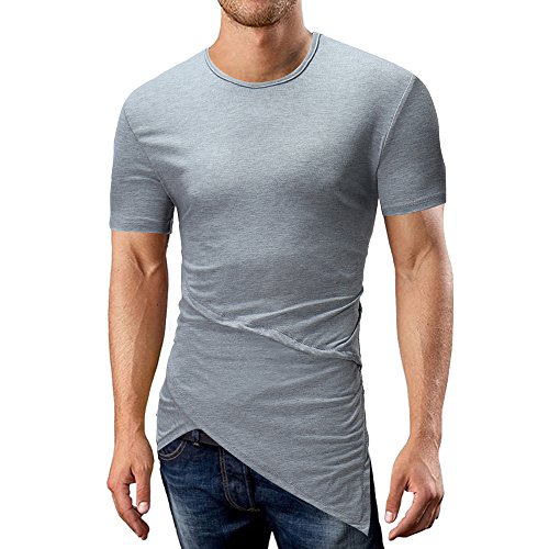 ANJUNIE Irregular Hem Shirt Men's Pure Color Tee Casual Slim Short Sleeve Top Blouse (1-Gray,XL) - Thumbnail 2