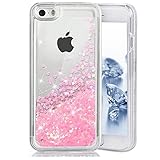 iPhone SE Case, SUPVIN Liquid Case for iPhone SE, iPhone 5S, Fashion Creative Design Flowing Liquid Floating Luxury Bling Glitter Sparkle Heart Hard Case for iPhone SE, iPhone 5S (Heart: Pink)