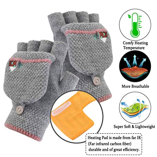 USB Heated Gloves, Mitten Winter Warm Laptop Gloves for Women Men Full & Half Hands Heated Fingerless Heating Knitting Hands Warmer (Women Grey) - Thumbnail 2