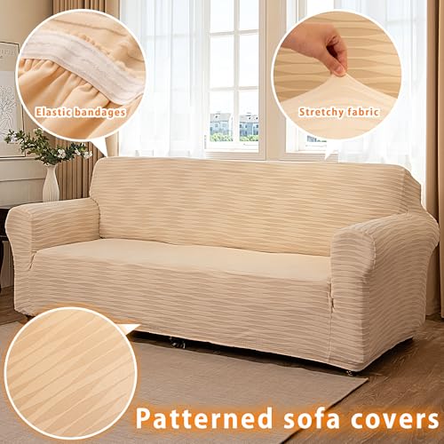 TIANSHU 1 Seater Adjustable Jacquard Sofa Cover, Elastic Sofa Covers, Spandex Armchair Cover, Non-Slip, Stain Resistant, Washable (Wavy, Beige)