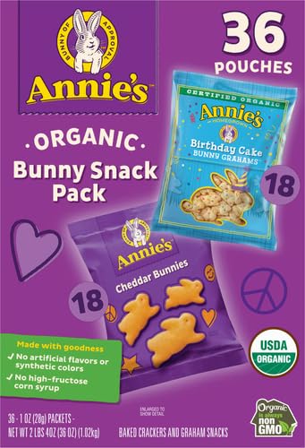 ANNIE’S ORGANIC BIRTHDAY CAKE BUNNY GRAHAMS AND CHEDDAR BUNNIES SNACK PACK 36 COUNT, 36 OZ
