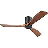 Sofucor 52 Inch Flush Mount Ceiling Fan no Light with Remote, Solid Wood Brown Black Ceiling Fan without Light, Outdoor Indoo