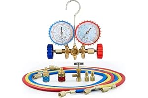 Bloepum R410a 3Way AC Diagnostic Manifold Gauge Complete Set for R134A R410A R22 with Hose Adapters Quick Couplers and Can Ta