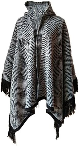 Summer Mae Women's Oversized Poncho Pattern Hooded Tassels Wrap Shawl Grey