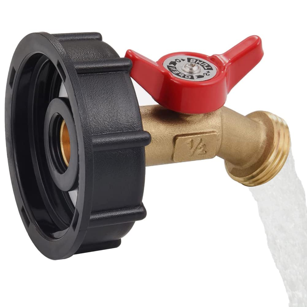 Photo 1 of 275-330 Gallon IBC Tote Tank Adapter 2" Coarse Thread, Brass Hose Faucet Water Shut-Off Valve x Garden Hose Food Grade