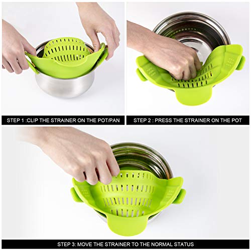 SOOHAO Snap Strainer Kitchen Food Strainers Clip-on Strainer with Cooking Tongs Heat Resistant Silicone, Universal Fit On All Pots and Bowls Home Cooking（Green）