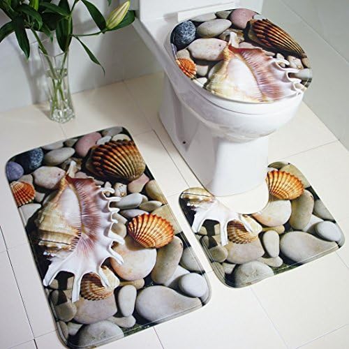 3 Piece Polyester Non Slip Bathroom Mat Sets HuaForCity Conch Pebbles Toilet Mat Set Bath Mat + Pedestal Mat + Toilet Seat Cover Mat
