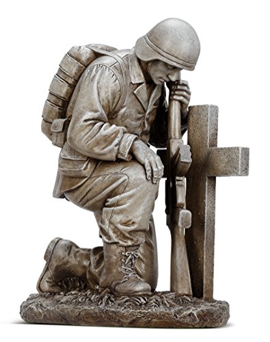 Kneeling Soldier by Cross Gravestone 8" Resin Stone Garden Statue Figurine