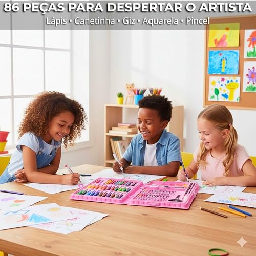 Maleta de Pintura Infantil 86 Peças — Estojo Rosa, Lápis de Cor, Canetinha, Giz de Cera, Aquarela e Pincel, Para Meninas 4 a 12 Anos, Escola e Presente