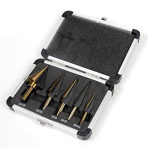 Goetland Titanium Step Drill Bits Set HSS High Speed Steel Cobalt Multiple Steps with Aluminum Case, Set of 5 pcs 50 Steps