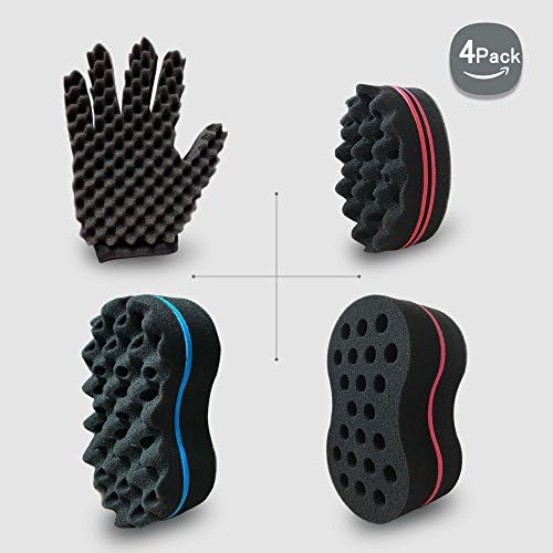 Big Holes Twist Hair Brush Barber Curl Magic Sponge Tutorial and Glove(Double Sided) Kit For Different Styles Dreadlock Afro Coils Wave Men and Women Hair Care Tool Set of 4(Blend)