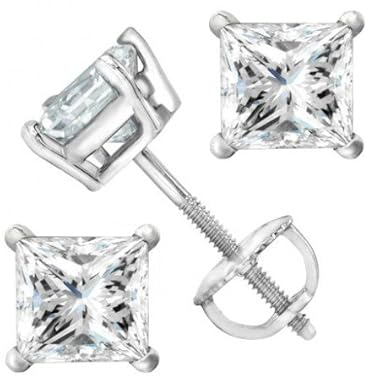 3 Carat Solitaire Diamond Stud Earrings Princess Cut 4 Prong Screw Back (J-K Color, I1 Clarity)