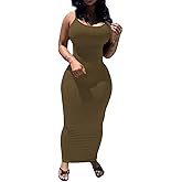 PINSV Women's Bodycon Long Slip Dress Spaghetti Strap Summer Maxi Dress Modern Casual Sundress Coffee XXL