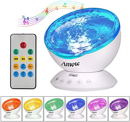 Ocean Wave Projector, AMOTE Remote Control Ocean Wave Night Light with 12 LEDs 7 Color Changing Modes Built-in Soft Music Player for Kids Living Room and Bedroom (Black)