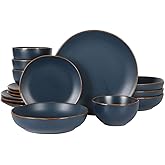 Gibson Home Hazeltine 16-Piece Navy Blue Stoneware Dinnerware Set – Plates and Bowls, Durable Ceramic Kitchen Dinner Set