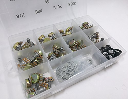 45 pcs Potentiometer Assortment 9 values 1K 5K 10K 20K 50K 100K 250K 500K 1M horizontal straight legs terminal B = linear