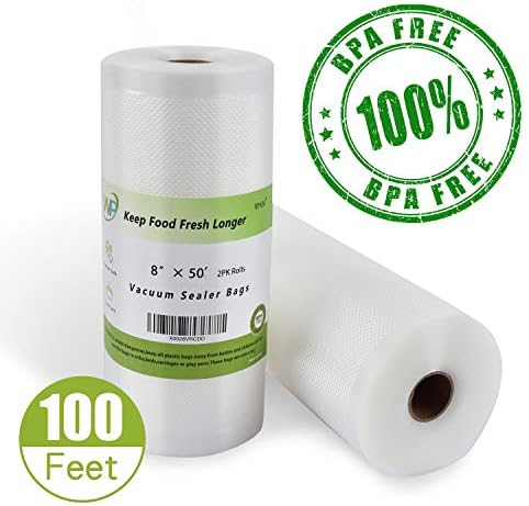 Vacuum Sealer Bags Heavy Duty, 8x 50 Vacuum Sealer Bags (2 packs) 100 ft Roll Vacuum Sealer Bags, Food Vacuum Sealer Bags, Meat Vacuum Sealer Bags, Fit nutrichef, foodsaver, jzbrain oliso weston Vacuum Sealer Bags, BPA Free Sous Vide, Best Deal!