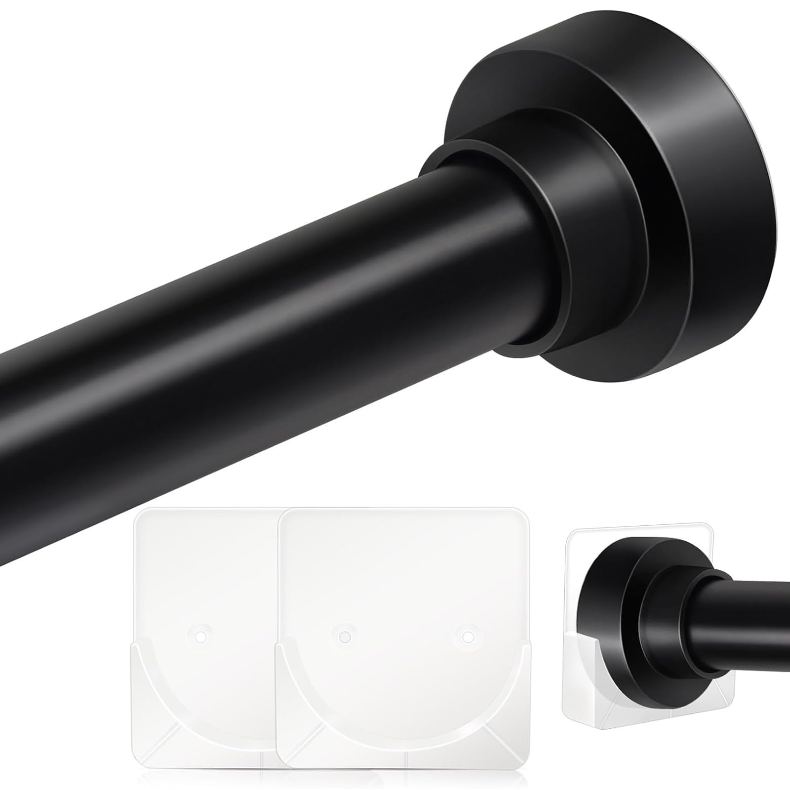 Photo 1 of Tension Curtain Rod 34-120In(3-10Ft) with 2 Rod Holders, No Drilling Never Rust Long Shower Curtain Rod, Adjustable Spring Curtain Rod for Large Window or Outdoor Patio, Stainless steel, Matte Black